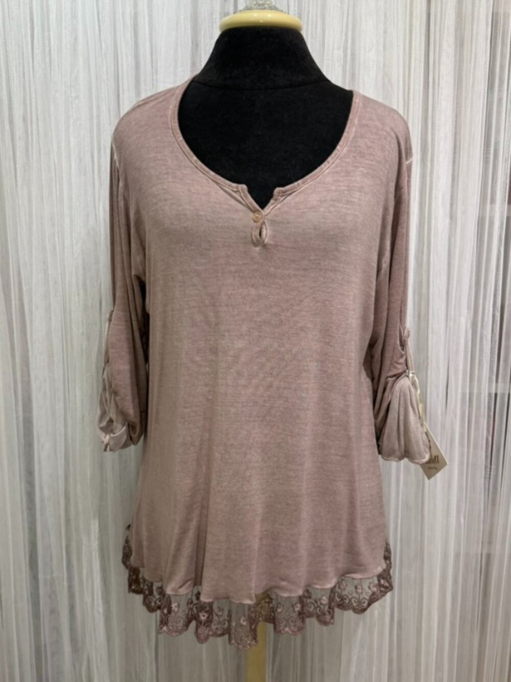 NWT Luna Taupe Knit Lace Hem Roll Tab Sleeve Top Made in Italy Size Medium